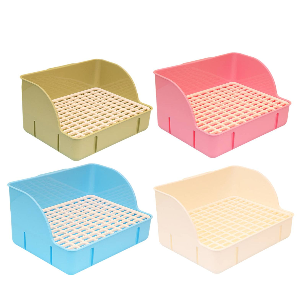 Les quatre coloris du bac à litière : vert olive, rose, bleu et beige