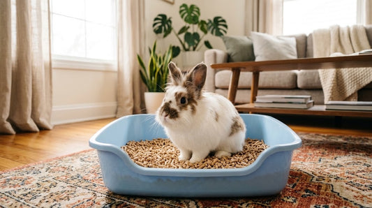 Lapin blanc et brun assis dans son bac à litière bleu garni de granulés, dans un salon — apprendre la propreté à un lapin