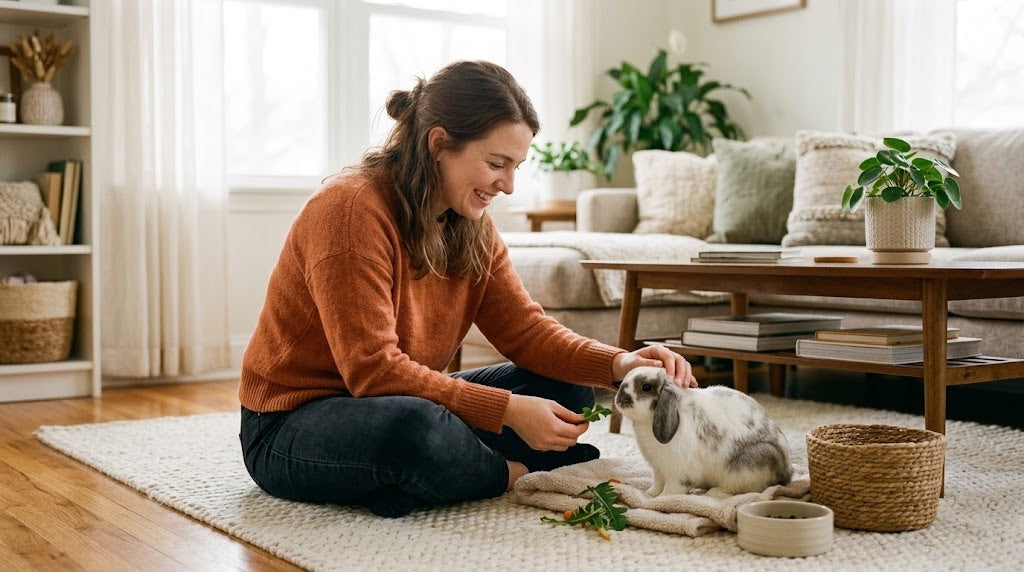 Femme assise au sol caressant un lapin bélier dans un salon — apprivoiser et éduquer un lapin