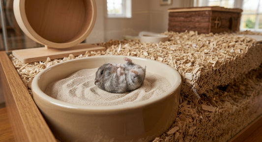 Bain de sable pour hamster : un hamster nain se roule dans un large contenant en céramique rempli de sable fin, dans l'angle de sa cage