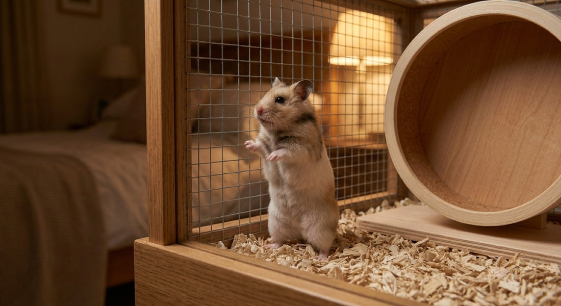 Bruits du hamster : un hamster doré dressé contre le grillage de sa cage la nuit, roue en bois à côté