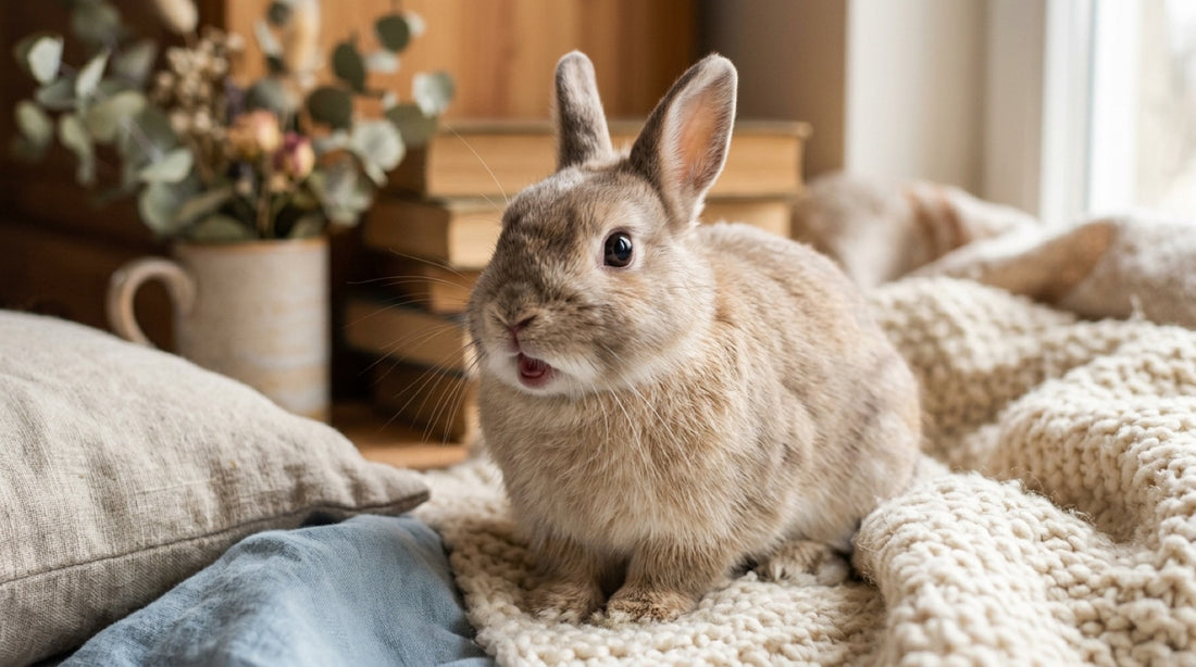 Lapin beige aux oreilles dressées et à la bouche entrouverte sur un plaid, dans une chambre claire — les bruits du lapin