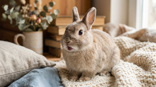 Lapin beige aux oreilles dressées et à la bouche entrouverte sur un plaid, dans une chambre claire — les bruits du lapin
