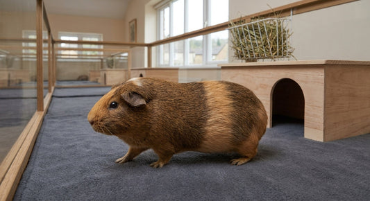 Cochon d'Inde cuy, le géant, vu de profil dans un enclos long au sol textile avec une grande cachette en bois à entrée large
