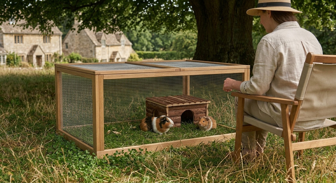 Cochon d'Inde en extérieur : enclos de sortie à couvercle grillagé, entièrement à l'ombre d'un arbre, abri en bois et surveillance