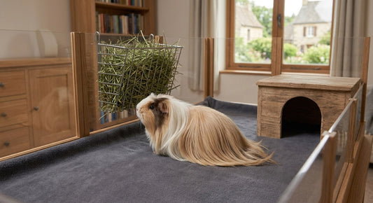 Cochon d'Inde à poil long dans un enclos à panneaux : sol en tissu, râtelier à foin en hauteur et cachette en bois à entrée large