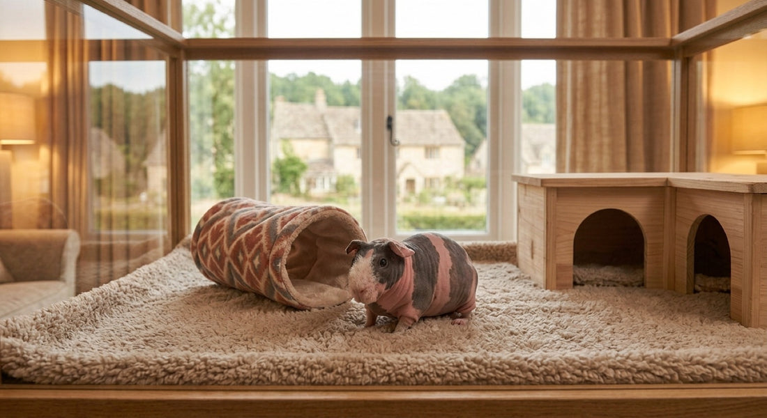 Cochon d'Inde sans poil (skinny) dans un enclos douillet : tapis textile épais, tunnel en tissu et cachette en bois à entrée large