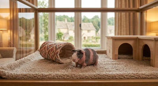 Cochon d'Inde sans poil (skinny) dans un enclos douillet : tapis textile épais, tunnel en tissu et cachette en bois à entrée large