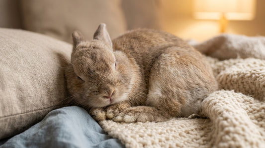 Lapin roux endormi en boule sur un plaid tricoté, dans une lumière chaude — combien de temps dort un lapin