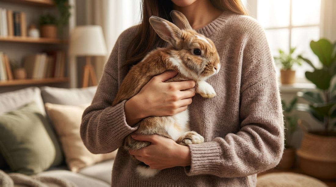 Personne tenant un lapin roux contre elle, une main sous le poitrail et l'autre soutenant l'arrière-train — comment porter un lapin
