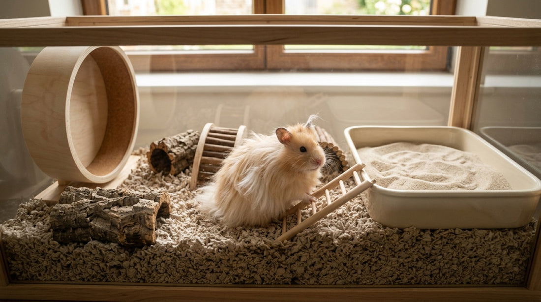 Hamster angora, un hamster doré à poil long, dans une grande cage vitrée avec litière fine, coin de sable large et roue en bois