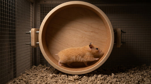 Hamster dans sa roue : un hamster doré court le dos droit dans une grande roue en bois à surface pleine fixée à la paroi
