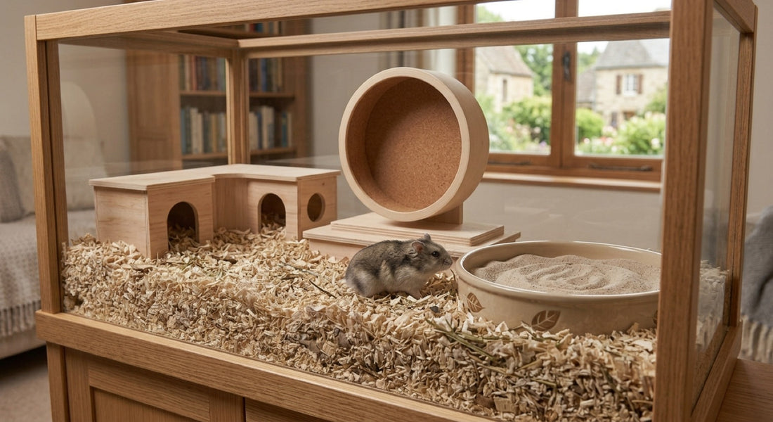 Hamster de Campbell dans une cage vitrée aménagée : litière épaisse, cachette en bois à deux entrées, roue et coin de sable