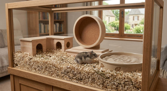 Hamster de Campbell dans une cage vitrée aménagée : litière épaisse, cachette en bois à deux entrées, roue et coin de sable