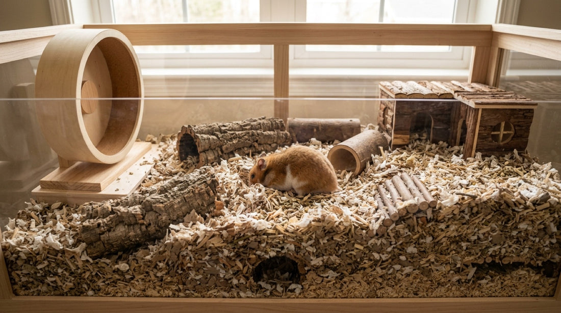 Hamster doré (syrien) dans une grande cage basse et large : litière profonde, grande roue en bois, tunnels et cachettes