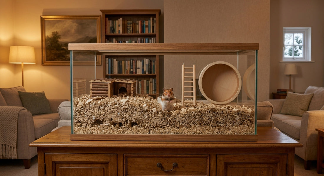 Hamster et hibernation : cage vitrée à litière profonde posée sur un meuble contre un mur intérieur, loin de la fenêtre enneigée