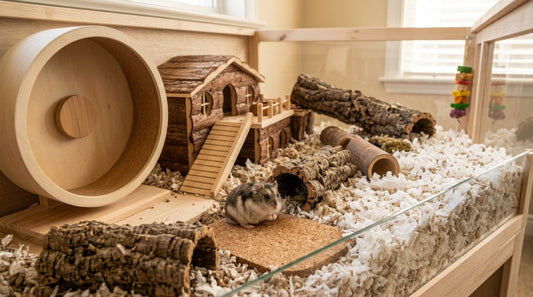 Hamster russe dans une grande cage aménagée : litière épaisse, roue en bois, tunnels et cachettes