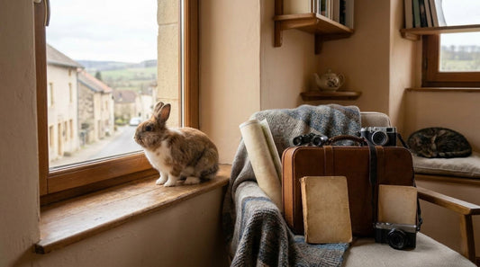 Lapin roux assis sur un rebord de fenêtre à côté d'une valise et d'un plaid, regardant dehors — laisser son lapin seul pendant les vacances
