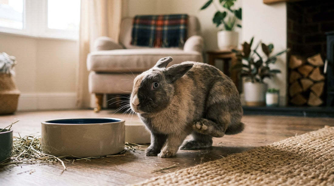 Lapin gris et brun tassé sur ses pattes, oreilles en arrière, près d'une gamelle dans un salon — le lapin devenu agressif
