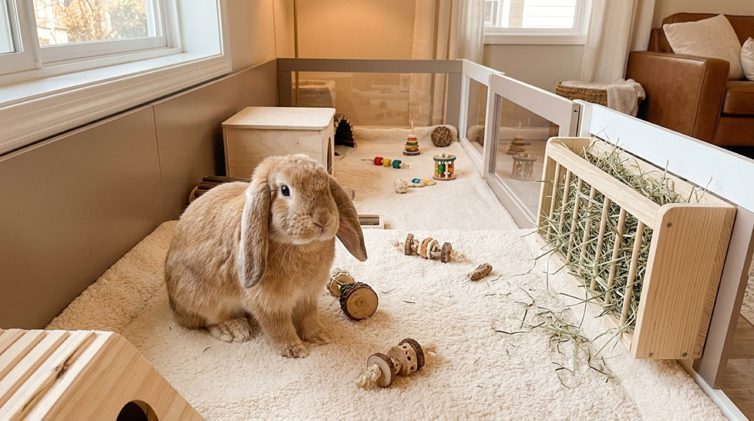 Lapin bélier aux oreilles tombantes dans un enclos d'intérieur avec jouets à ronger et râtelier à foin