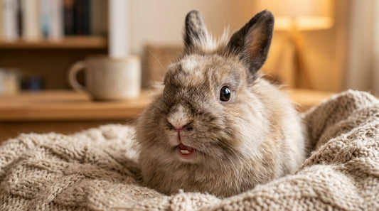 Lapin beige à poil long installé sur un plaid tricoté, museau et bouche visibles — le lapin qui claque des dents