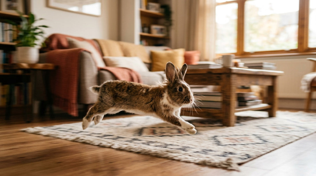 Lapin brun en pleine course au-dessus d'un tapis dans un salon lumineux — le lapin qui court partout d'un coup