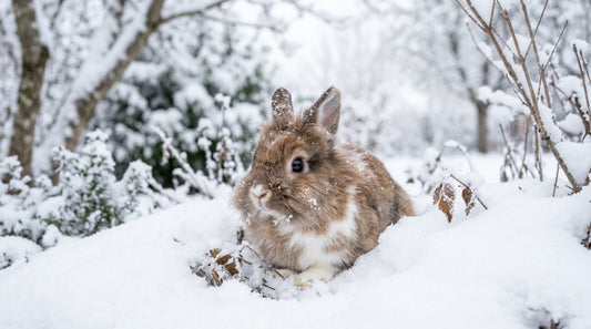 Lapin brun et blanc au pelage épais assis dans la neige, dans un jardin en hiver — un lapin peut-il rester dehors l'hiver