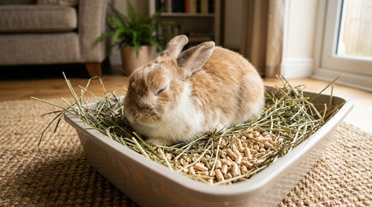 Lapin roux et blanc endormi dans un bac à litière garni de granulés et de foin — le lapin qui dort dans sa litière