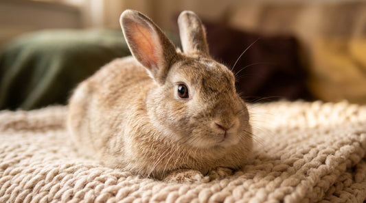 Lapin beige en position de repos sur un plaid tricoté, yeux ouverts et corps relâché — le lapin qui dort les yeux ouverts