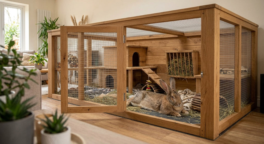 Lapin géant des flandres dans un grand enclos en bois d'intérieur avec rampe, abri et râtelier à foin