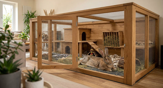 Lapin géant des flandres dans un grand enclos en bois d'intérieur avec rampe, abri et râtelier à foin