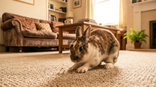 Lapin brun et blanc en train de gratter un tapis épais dans un salon — le lapin qui gratte le sol