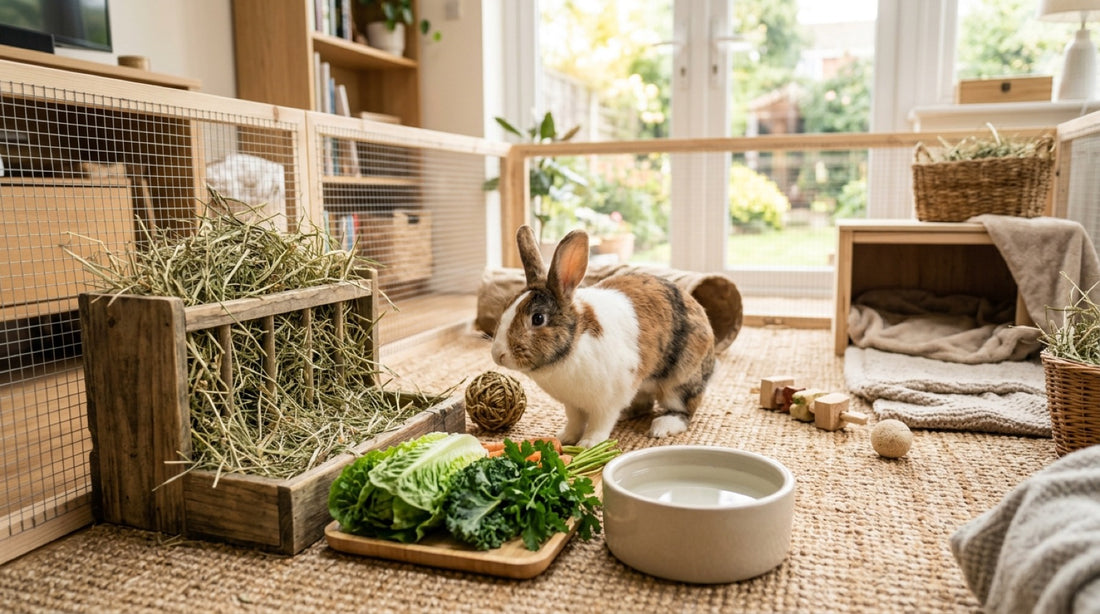 Lapin brun et blanc dans un enclos aménagé avec râtelier à foin, jouets, cachette et écuelle d'eau — ce qu'il faut à un lapin pour être bien