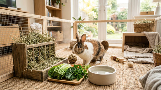 Lapin brun et blanc dans un enclos aménagé avec râtelier à foin, jouets, cachette et écuelle d'eau — ce qu'il faut à un lapin pour être bien