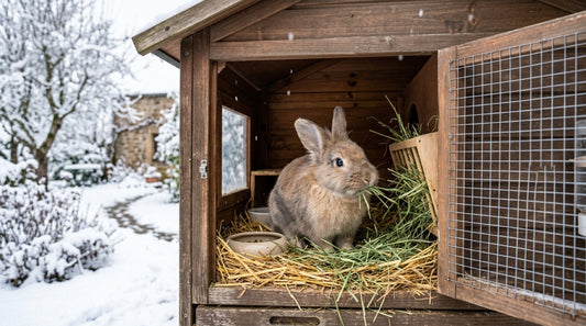 Lapin roux éveillé mangeant du foin dans un clapier en bois surélevé, jardin enneigé en arrière-plan — le lapin hiberne-t-il