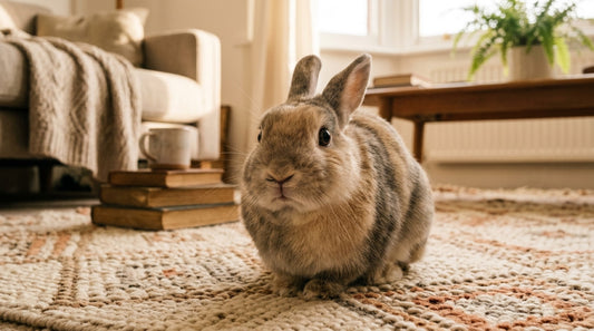 Lapin beige assis face à l'objectif sur un tapis de salon, posture calme et attentive — mon lapin est-il méchant