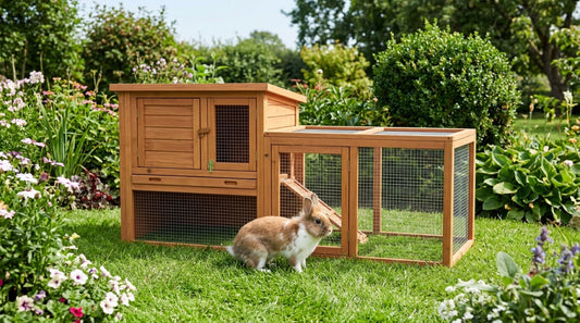 Petit lapin nain devant un clapier en bois avec enclos grillagé, dans un jardin fleuri — garder un lapin nain à l'extérieur