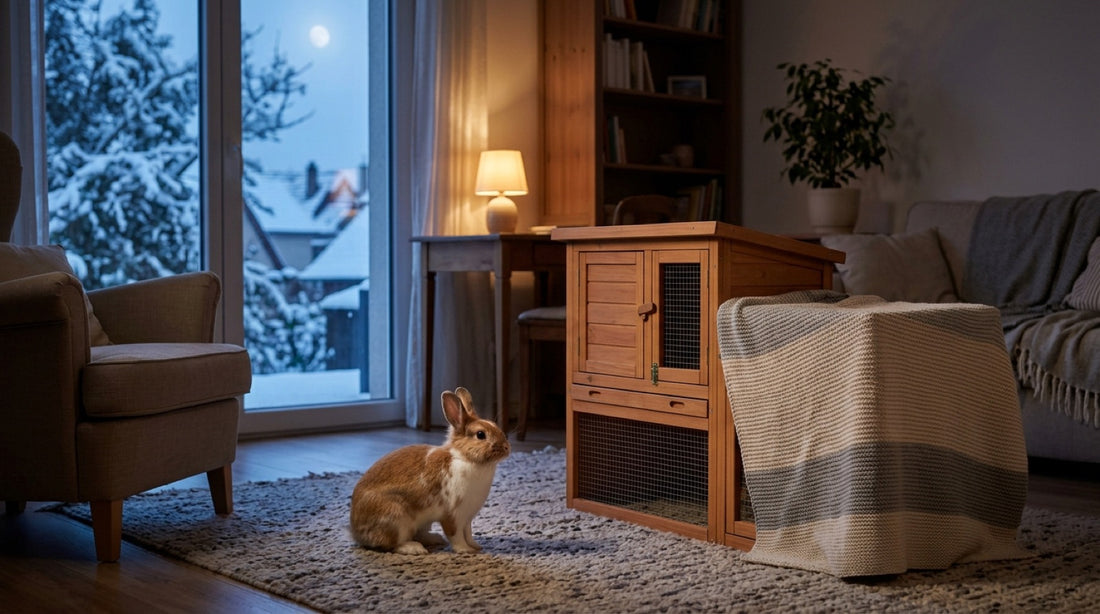 Lapin roux éveillé devant sa cage en bois partiellement couverte d'un plaid, dans un salon de nuit — le lapin la nuit
