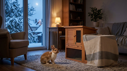 Lapin roux éveillé devant sa cage en bois partiellement couverte d'un plaid, dans un salon de nuit — le lapin la nuit