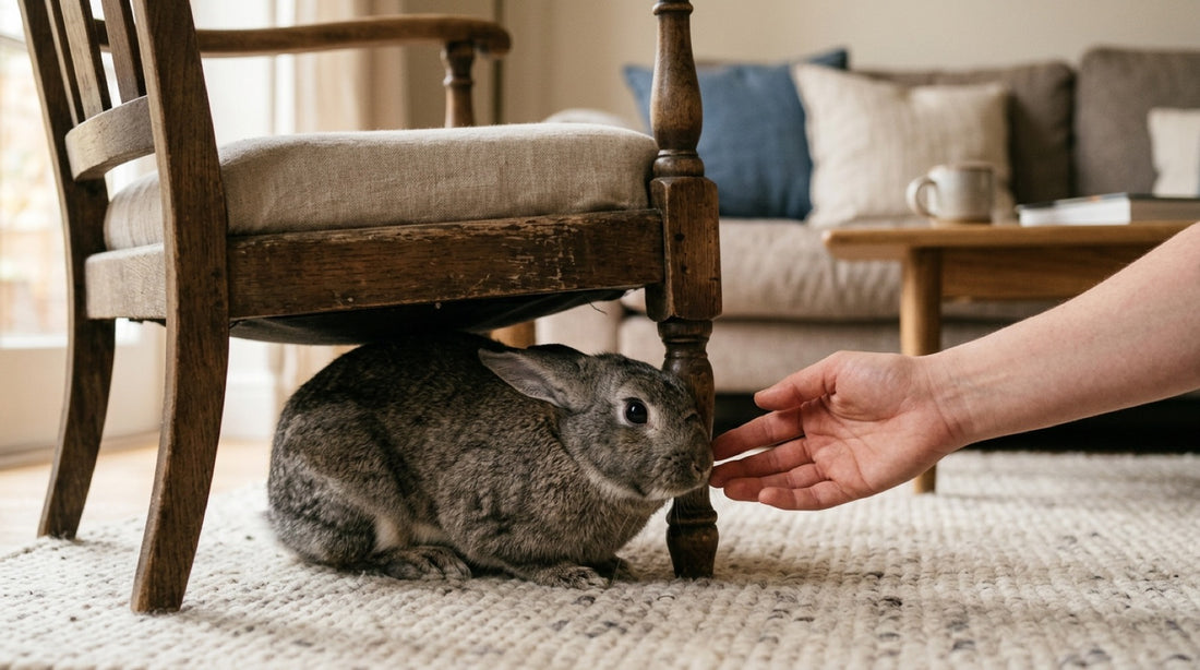 Lapin gris tassé sous une chaise, une main tendue au sol vers lui sans le toucher — reconnaître et apaiser la peur chez un lapin