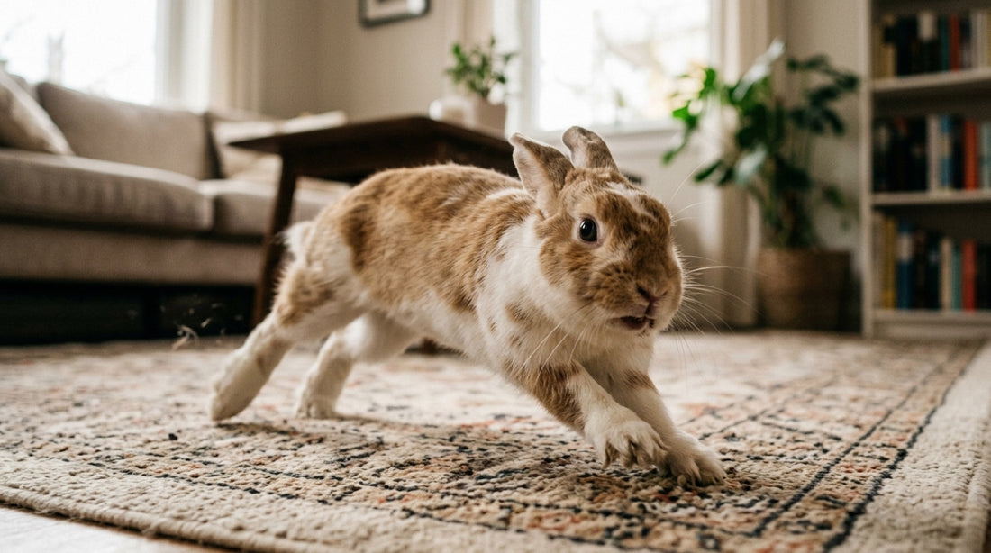 Lapin roux et blanc en pleine détente vers l'avant sur un tapis de salon, corps bas — le lapin qui charge et attaque