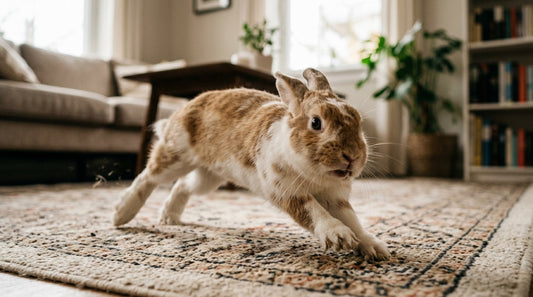 Lapin roux et blanc en pleine détente vers l'avant sur un tapis de salon, corps bas — le lapin qui charge et attaque
