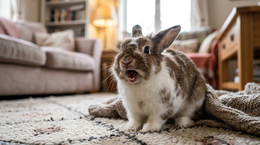 Lapin brun et blanc gueule ouverte sur un tapis de salon, corps ramassé — le lapin qui grogne