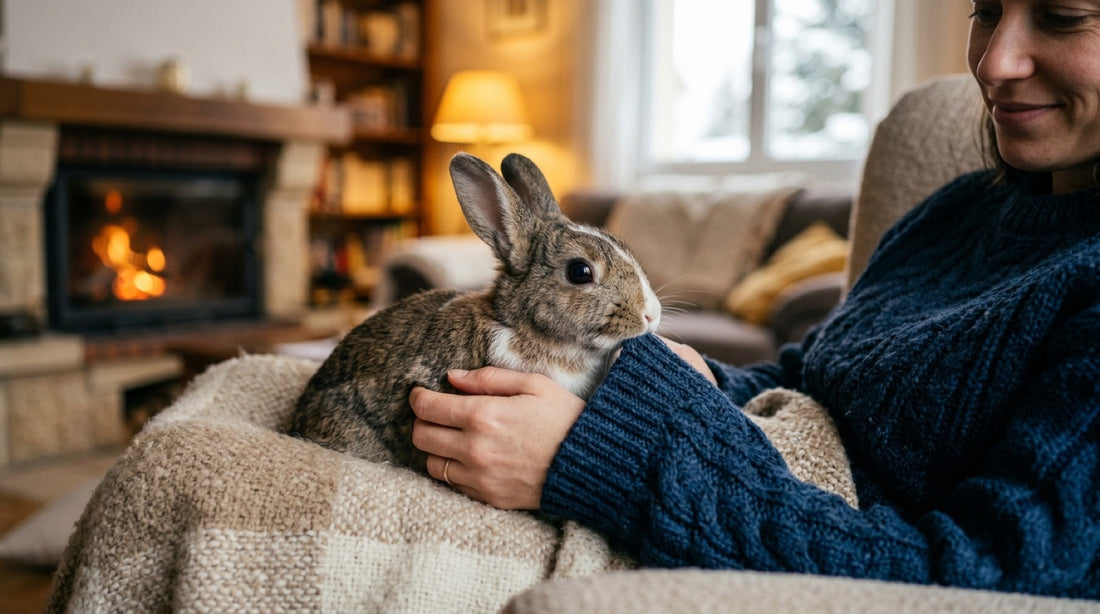 Lapin brun posé contre le pull d'une personne assise près d'une cheminée — le lapin qui mord et qui mordille