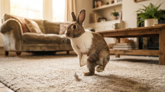 Lapin brun et blanc dressé sur ses pattes arrière sur un tapis de salon, oreilles hautes — pourquoi un lapin tape du pied