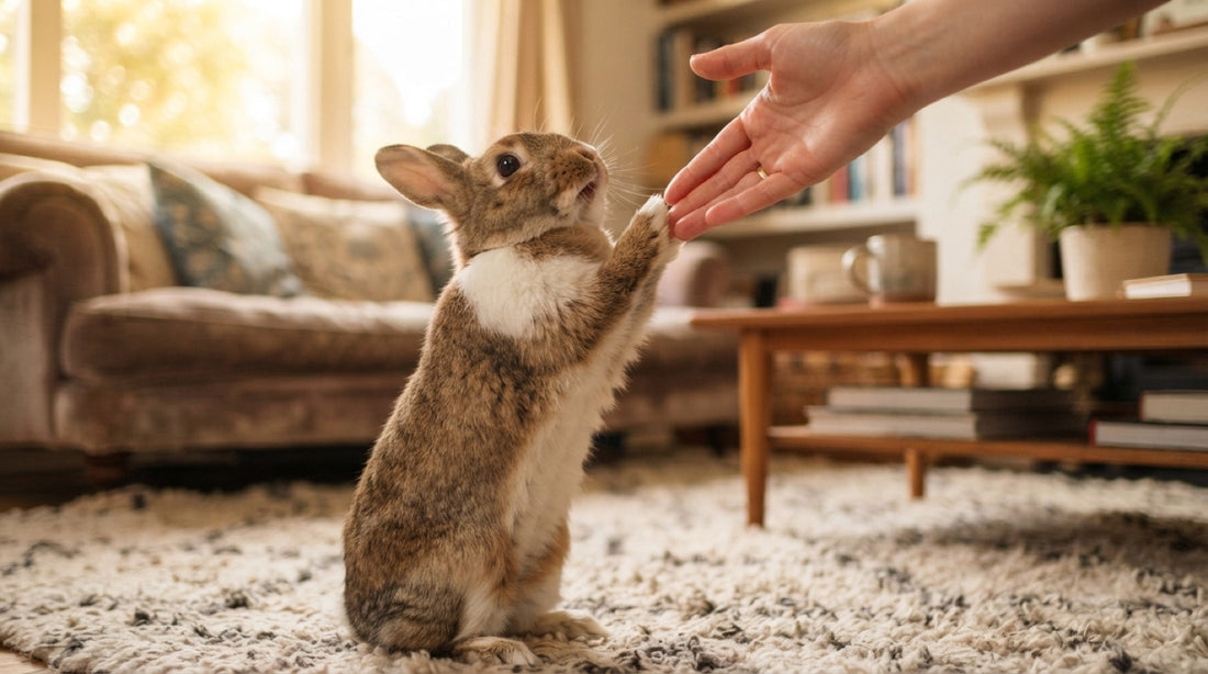 Lapin brun dressé sur ses pattes arrière tendant le museau vers une main ouverte, dans un salon — est-ce qu'un lapin reconnaît son maître