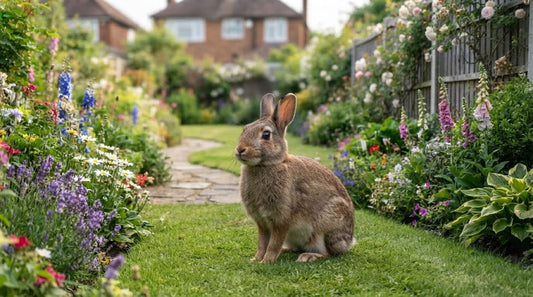 Lapin de garenne au pelage gris-brun assis sur la pelouse d'un jardin fleuri — un lapin sauvage dans le jardin