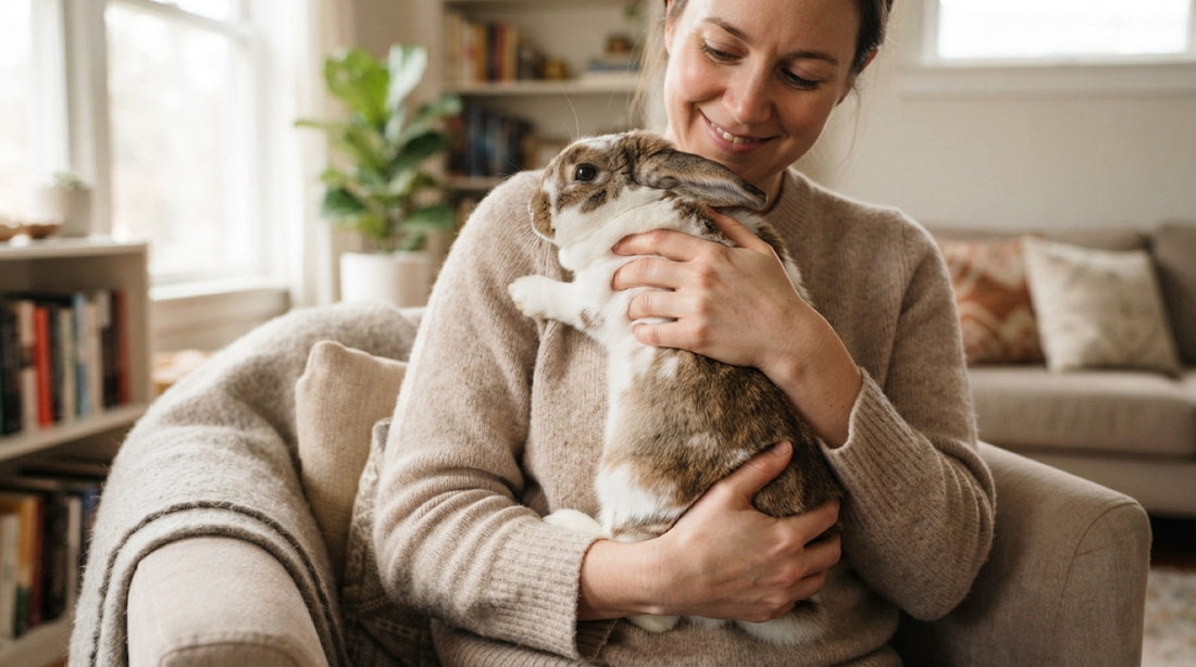 Femme portant un lapin bélier contre elle, à la verticale et bien soutenu, dans un salon — comment ne pas manipuler un lapin