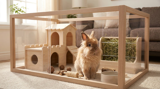 Lapin tête de lion dans un enclos en bois avec cachette à étage, râtelier à foin et gamelle