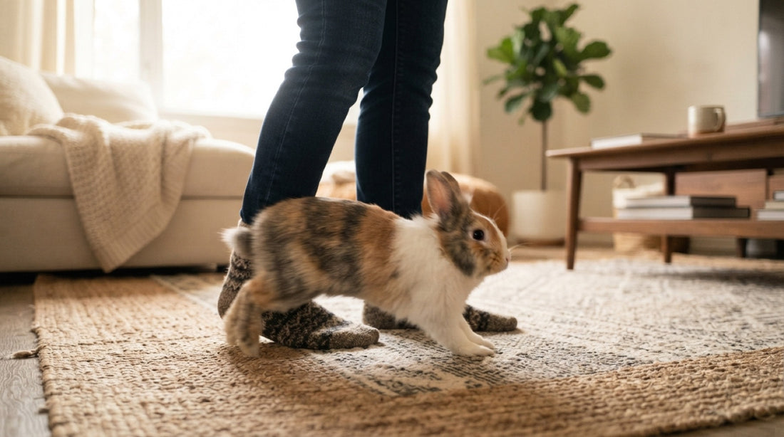 Lapin tricolore tournant autour des jambes d'une personne debout sur un tapis de salon — le lapin qui tourne autour de vos jambes